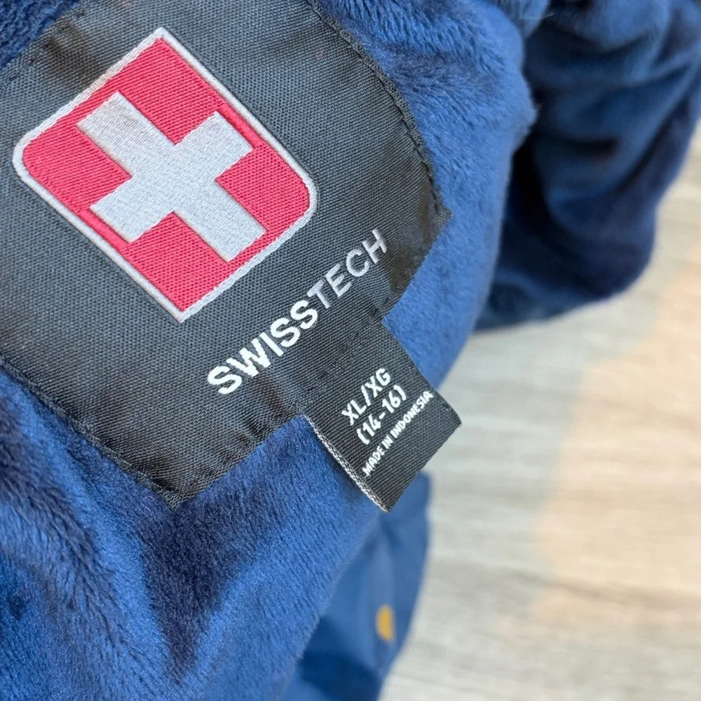 Swiss Tech girls fleece lined dark blue polkadot print winter puffer jacket